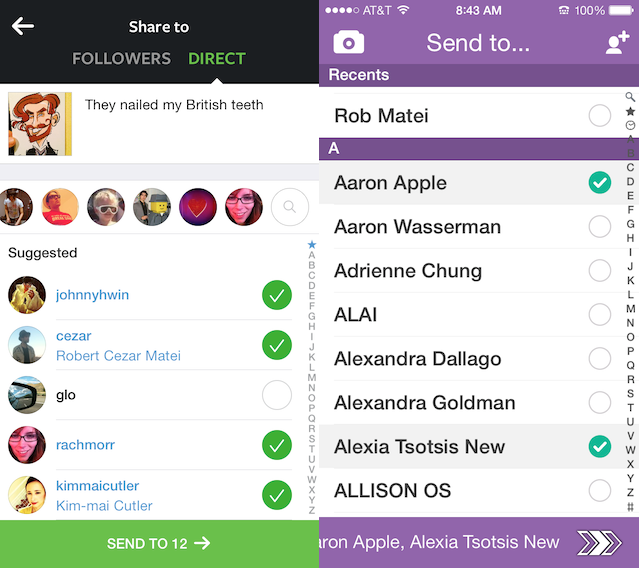 Compare Instagram Direct on the left with Snapchat on the right