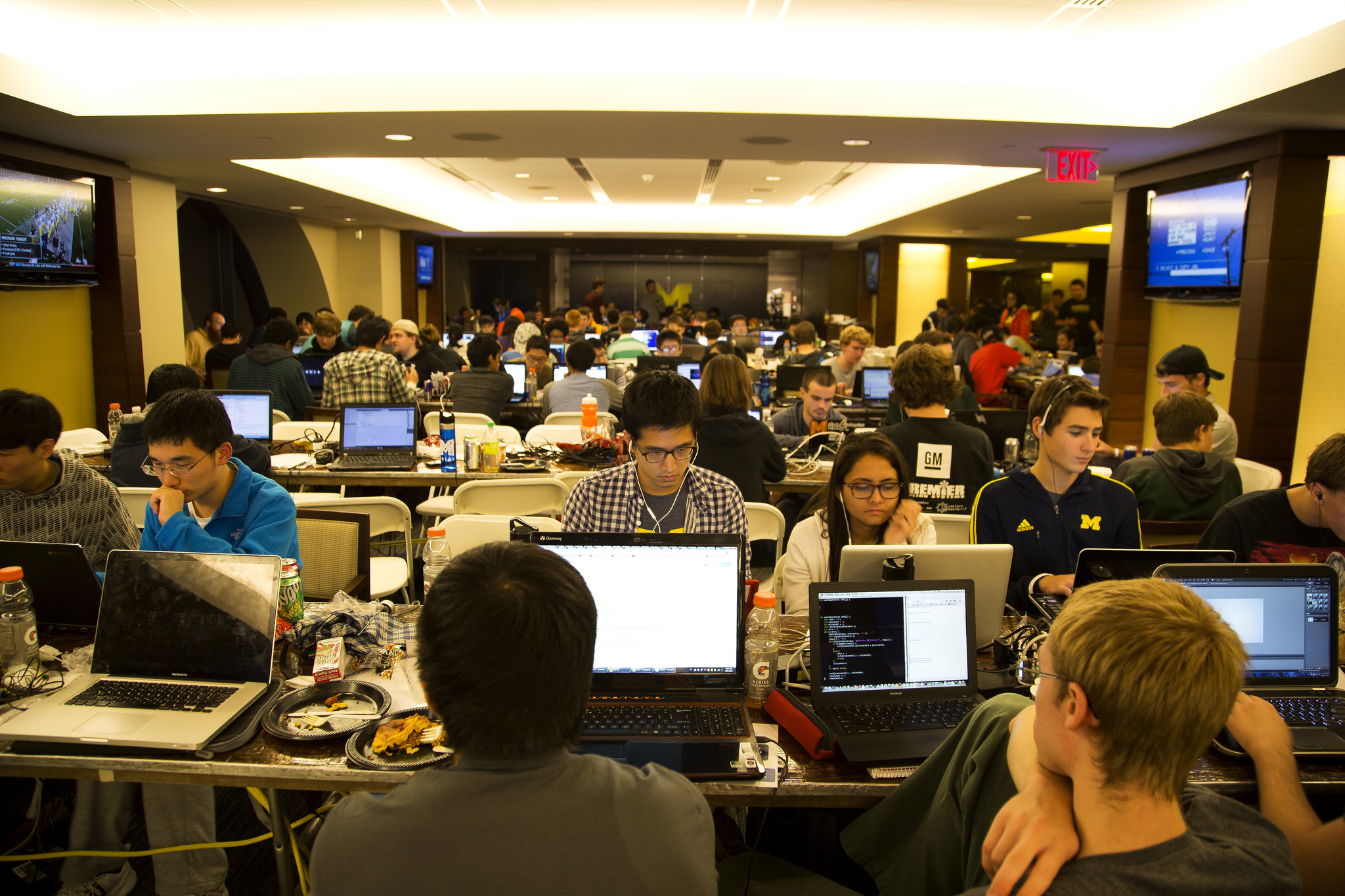 Hackers hack during the MHacks Hackathon 2013 in the Big House on September 21, 2013 in Ann Arbor, MI.