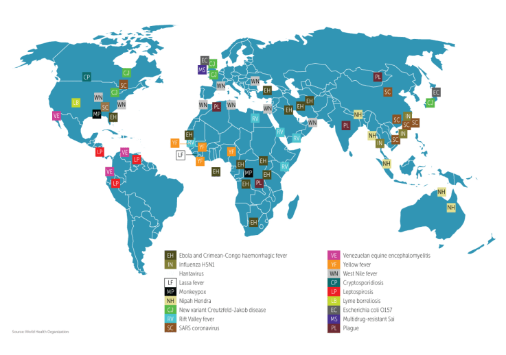 Global hotspots for disease outbreaks throughout the world.