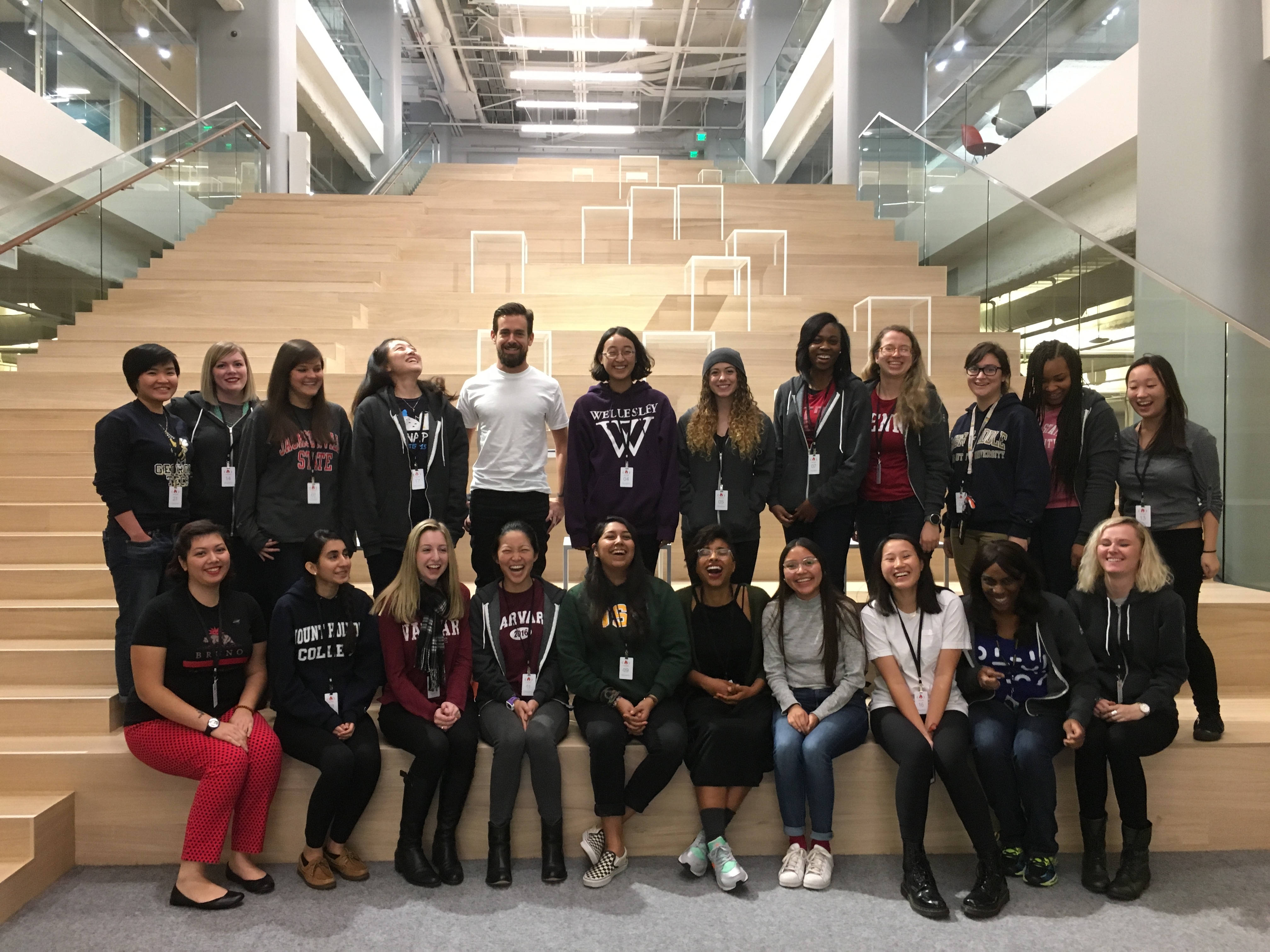 Square CEO Jack Dorsey with Gloria Kimbwala and Code Camp participants at Square's San Francisco headquarters.