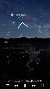 Screenshot of Sky Guide app after searching for Perseids