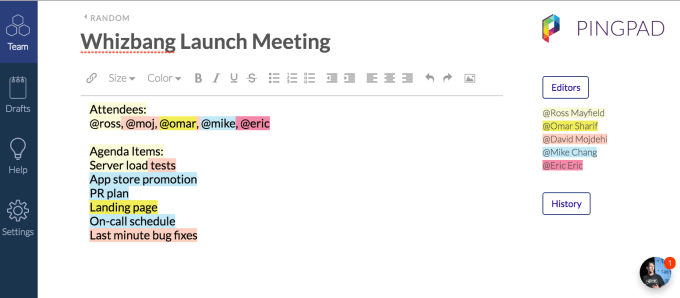 Pingpad Slackbot organizing tasks by person and color coding them.