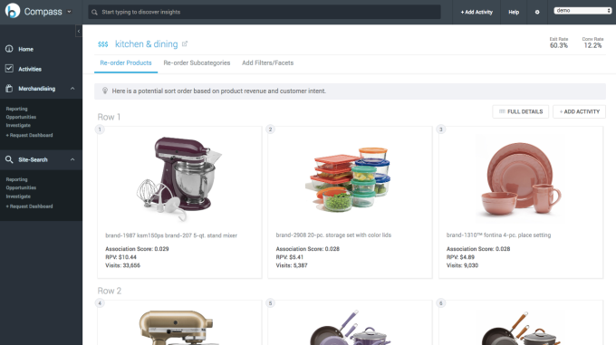 BloomReach Compass interface on how to optimize product presentation based on potential revenue.