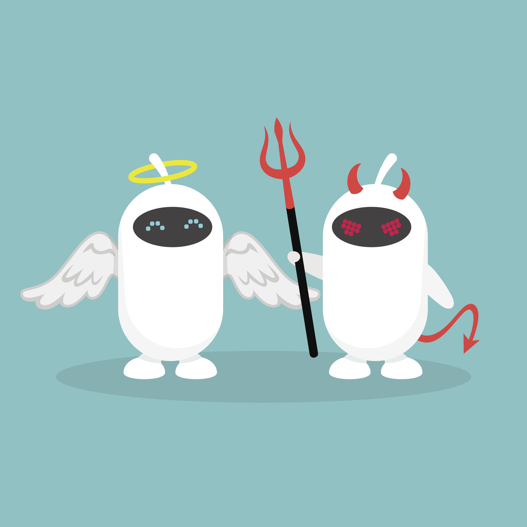 Advantages and disadvantages of modern technologies. A pair of white robots dressed like an angel and a devil / flat editable vector illustration, clip art GettyImages 823303786