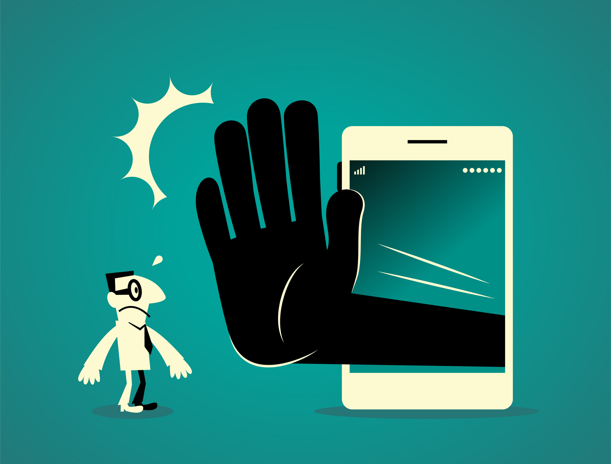 Businessman standing in front of a big smart phone (mobile phone) with a big hand making stop gesture (No!) GettyImages 912948496
